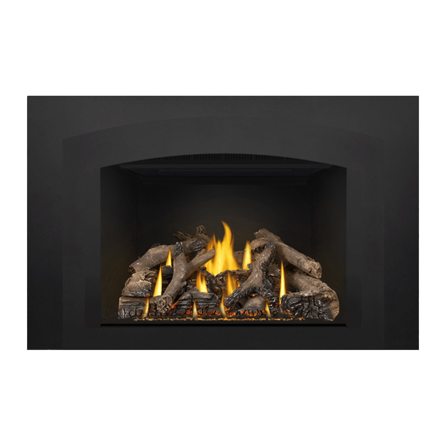 Gas fireplace insert with burning log set and bright yellow flames inside a black firebox