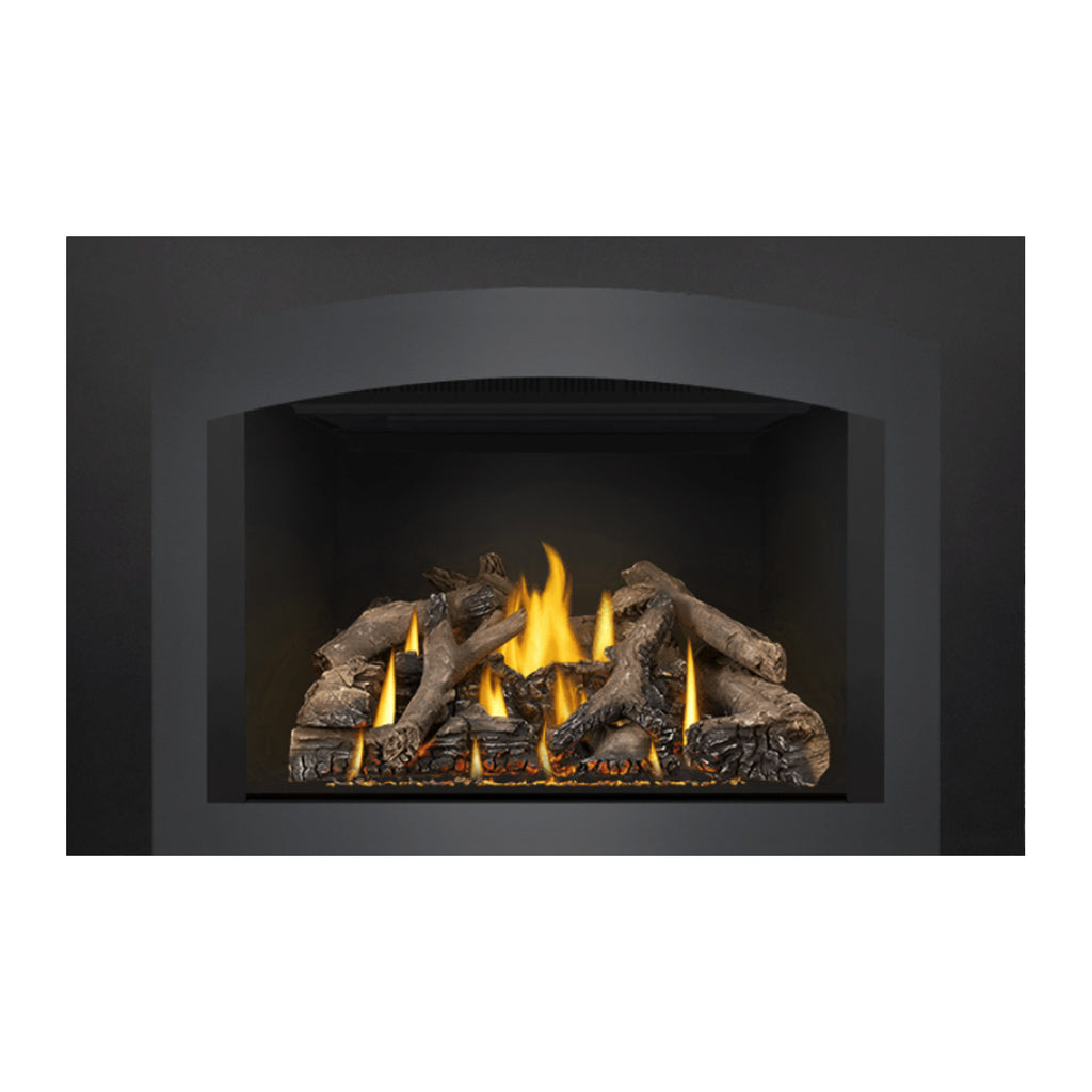 Gas fireplace insert showing burning logs and yellow flames centered in a black firebox
