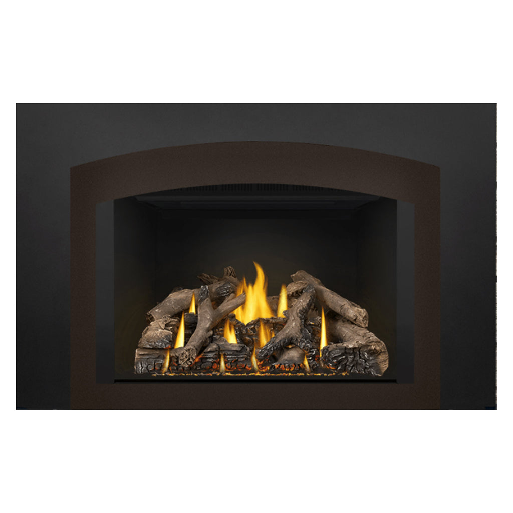 Gas fireplace insert front view with burning logs and yellow-orange flames in the black opening