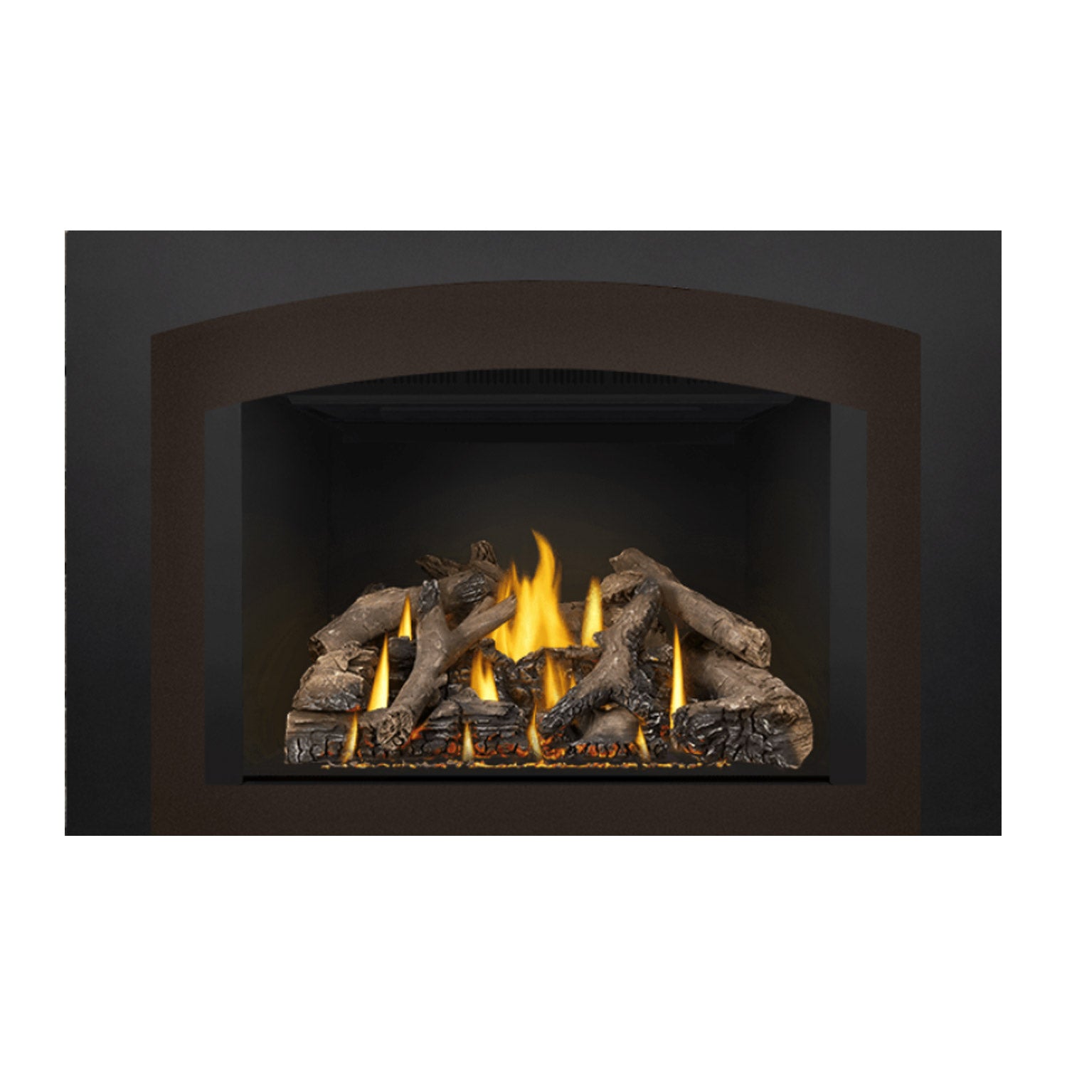 Gas fireplace insert with a black hood and burning logs, glowing yellow flames in the firebox