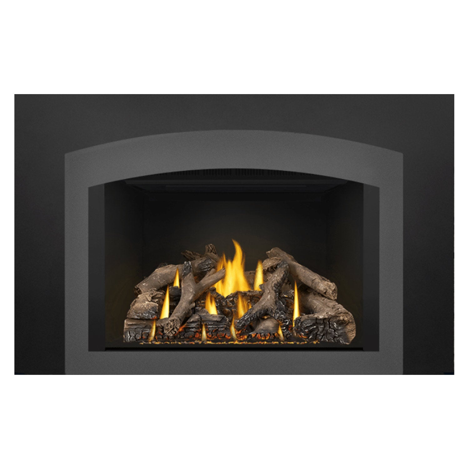 Gas fireplace insert with burning logs and yellow flames under a black vent hood