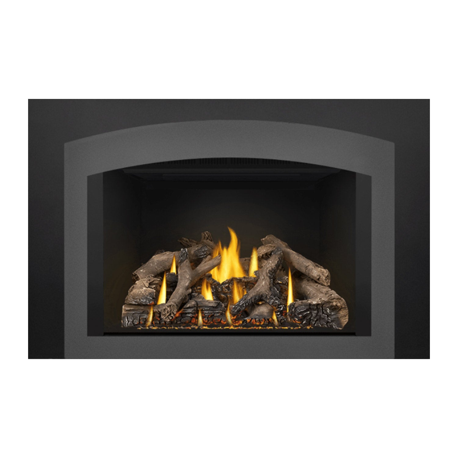 Gas fireplace insert featuring a black firebox with burning log set and visible yellow flames