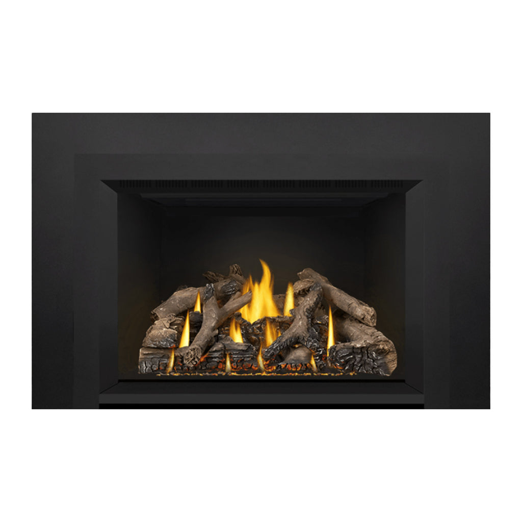 Direct vent gas fireplace insert with glowing flames and gray log set inside black surround.