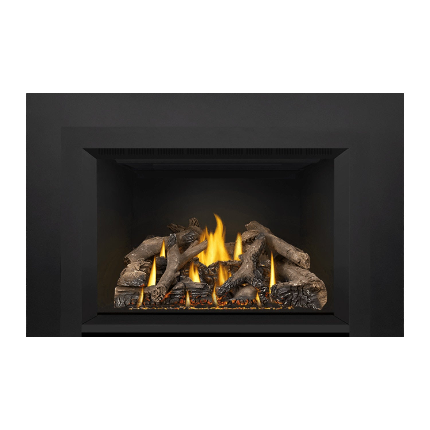 Direct vent gas fireplace insert with glowing flames and gray log set inside black surround.