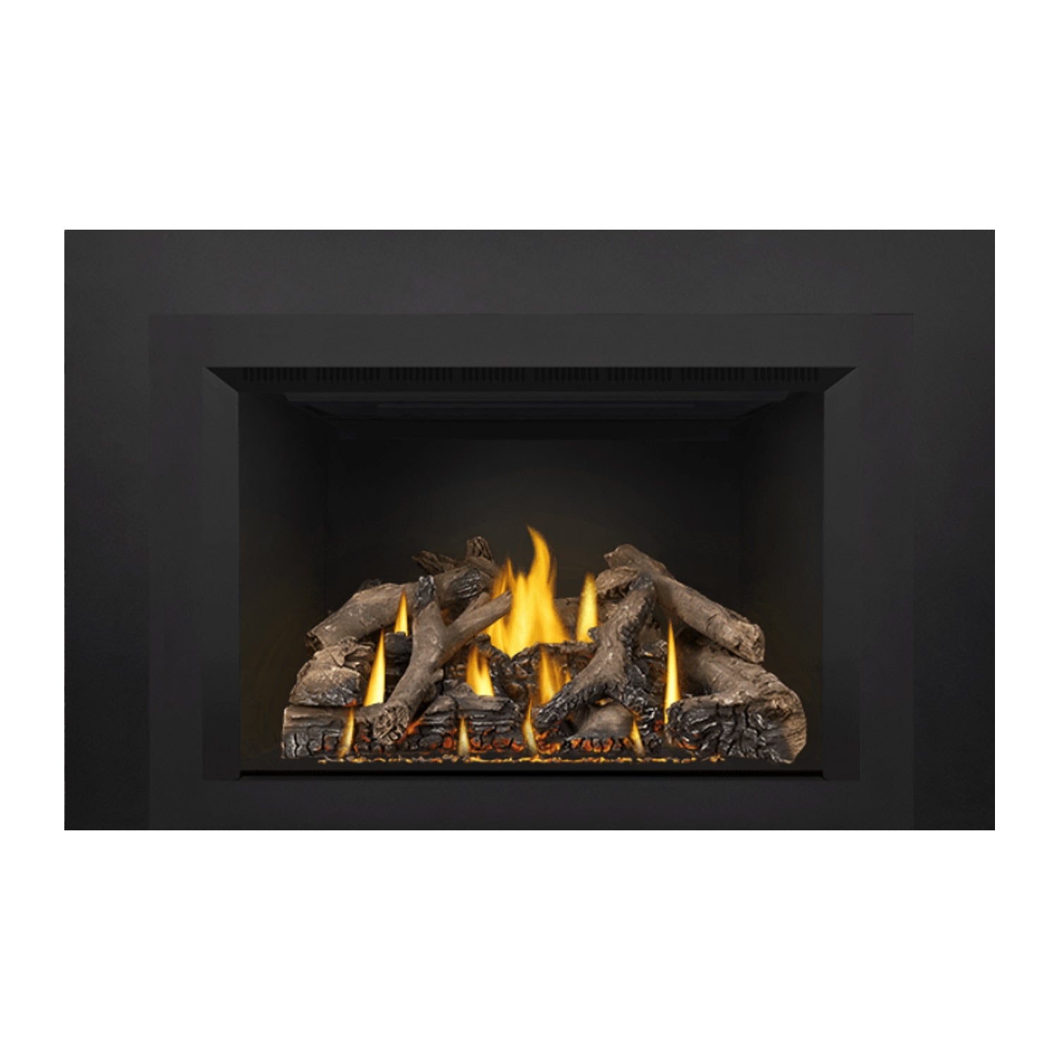Black direct vent gas fireplace insert with burning flames and gray logs across the burner.