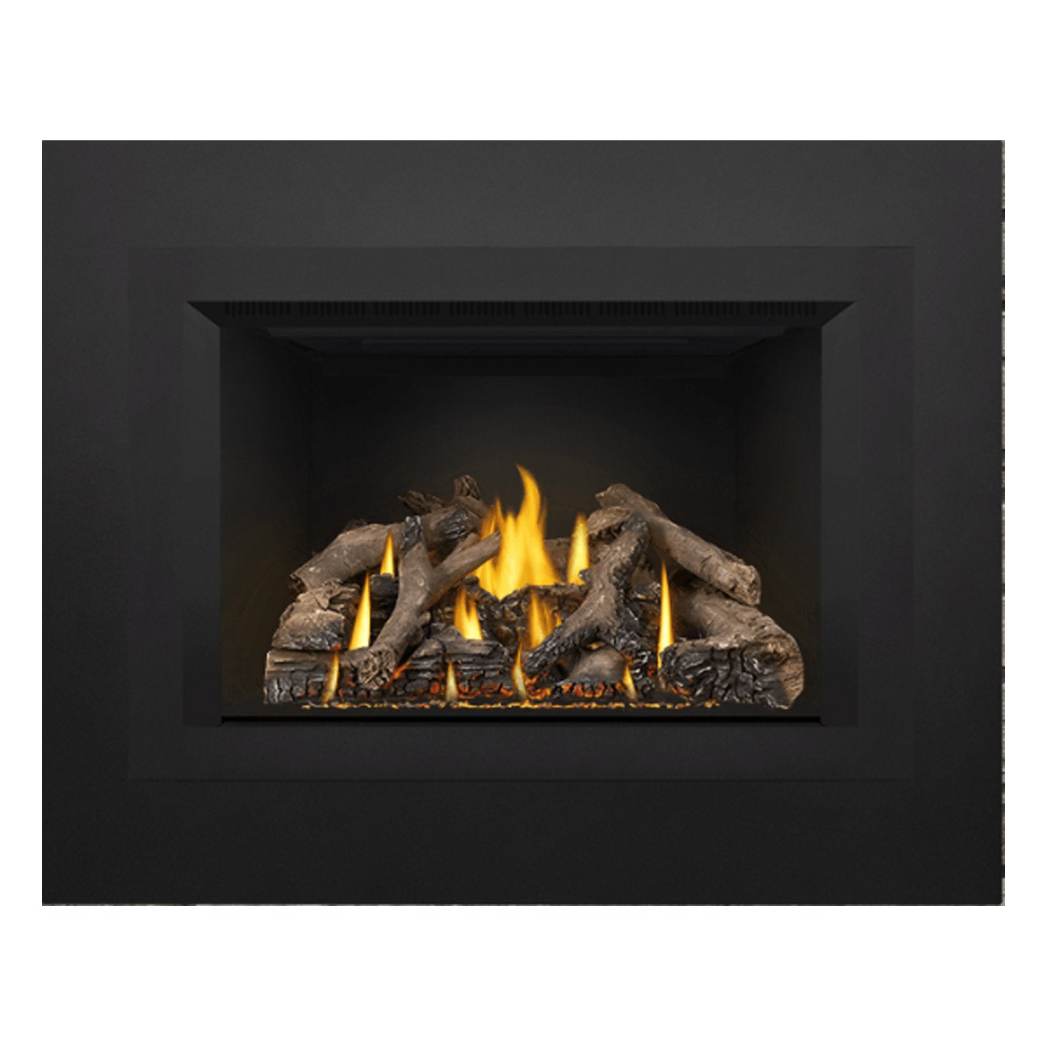 Black fireplace insert recessed opening with burning logs and yellow flames