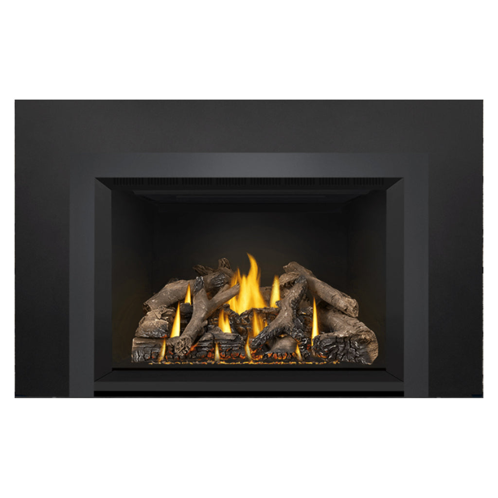 Gas fireplace insert showing flames and charred gray logs inside a black framed opening.