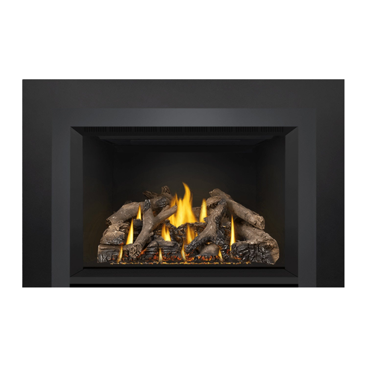 Direct vent gas fireplace insert with visible flame peaks above a gray log set.