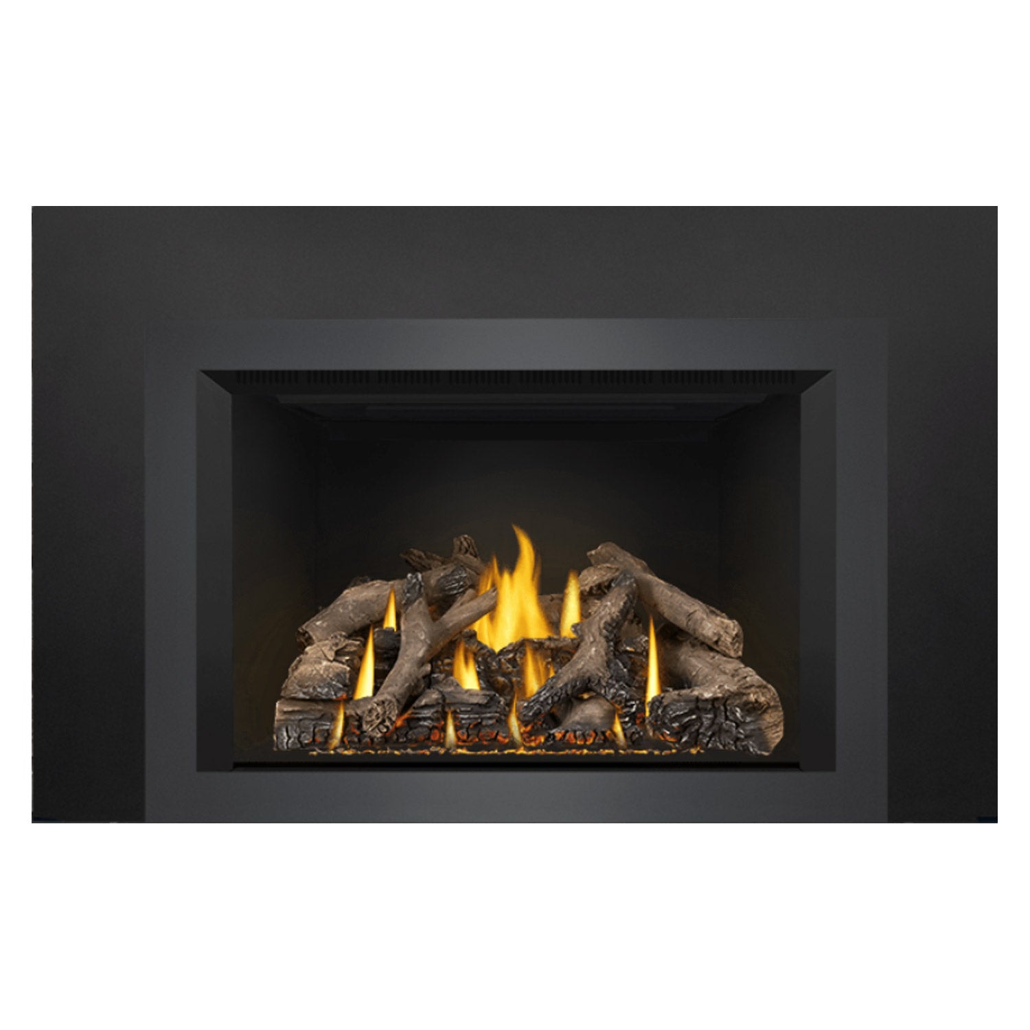 Black fireplace insert with visible flame tips above dark logs