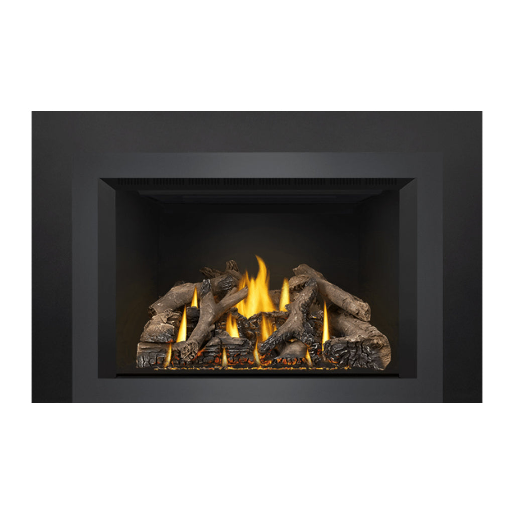 Black fireplace insert showing flames and log set inside recessed front panel