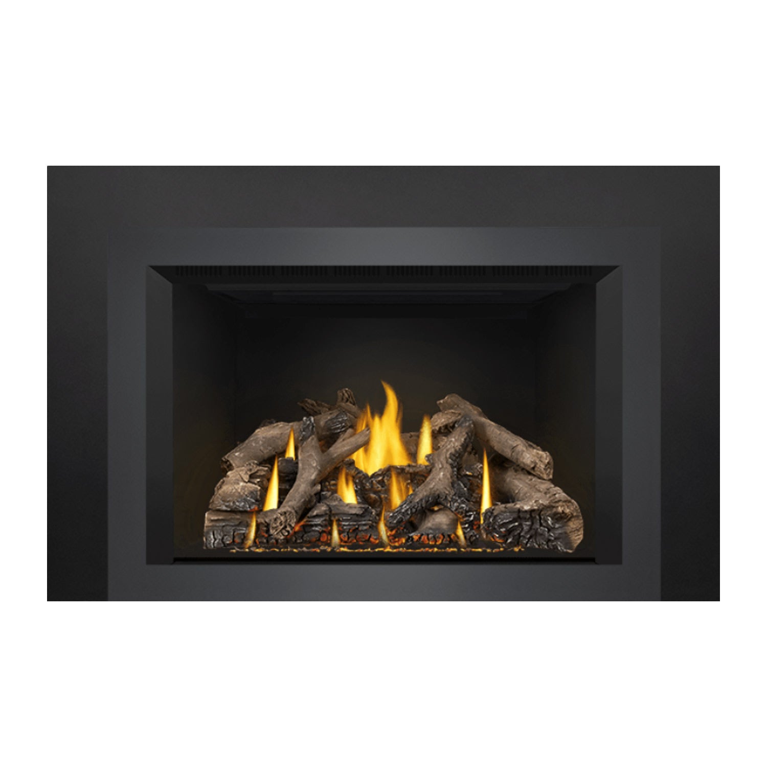 Black fireplace insert showing flames and log set inside recessed front panel