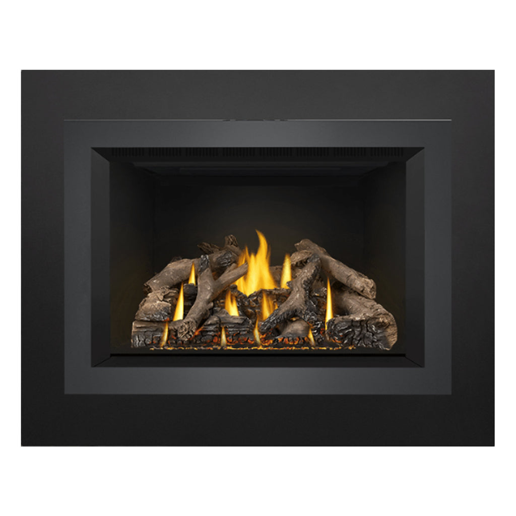 Black direct vent fireplace insert with flames and dark log set in opening