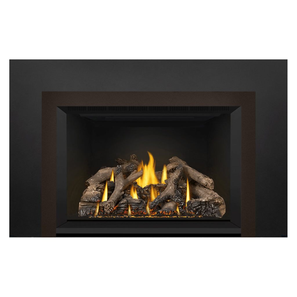 Direct vent gas fireplace insert view with bright flames and gray logs in a black surround.