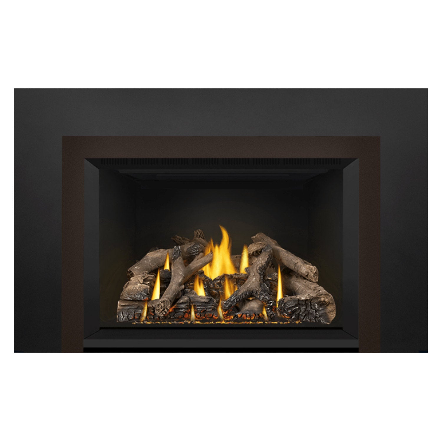 Direct vent gas fireplace insert view with bright flames and gray logs in a black surround.