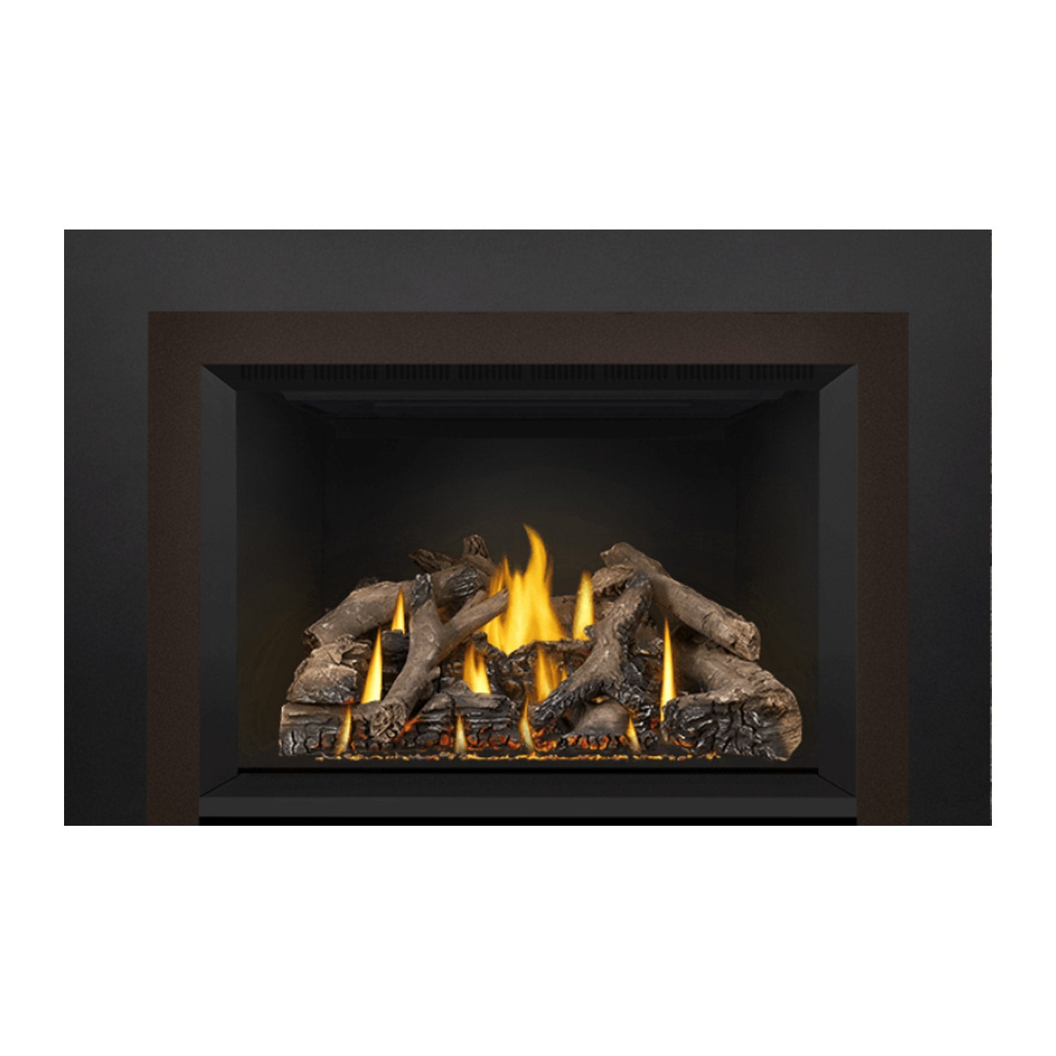 Black direct vent gas fireplace insert with vivid flames and stacked gray logs on the grate.