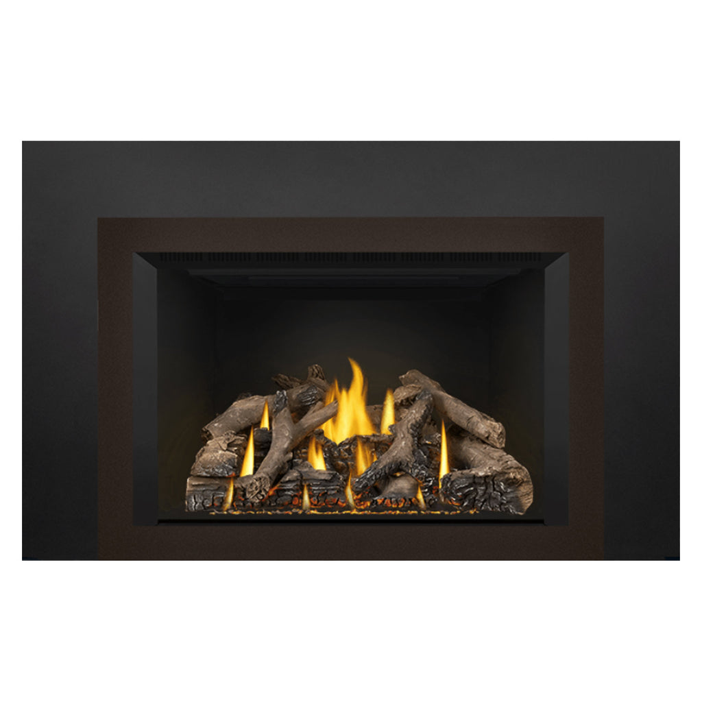 Black fireplace insert showing glowing logs and flames in front opening