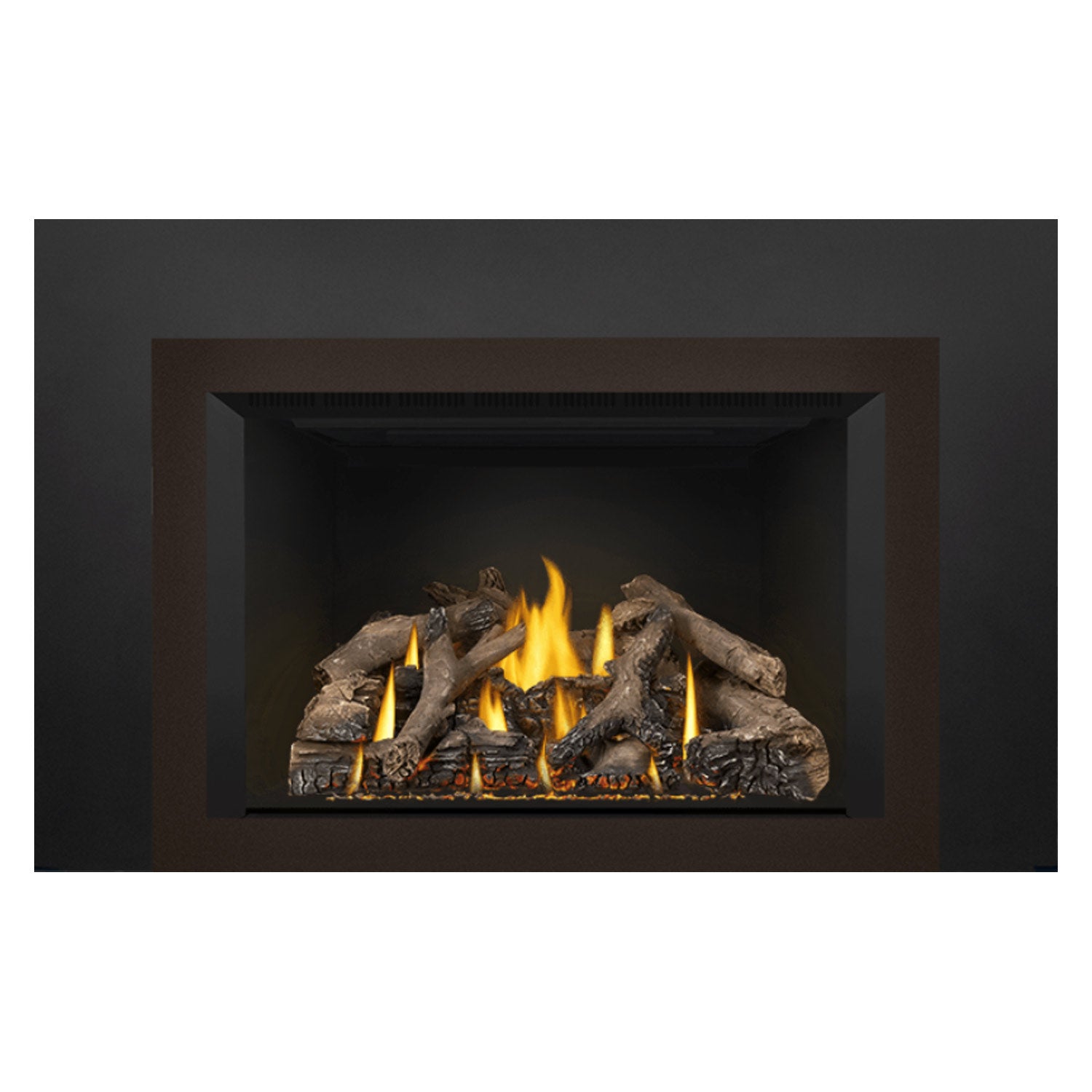 Black fireplace insert showing glowing logs and flames in front opening