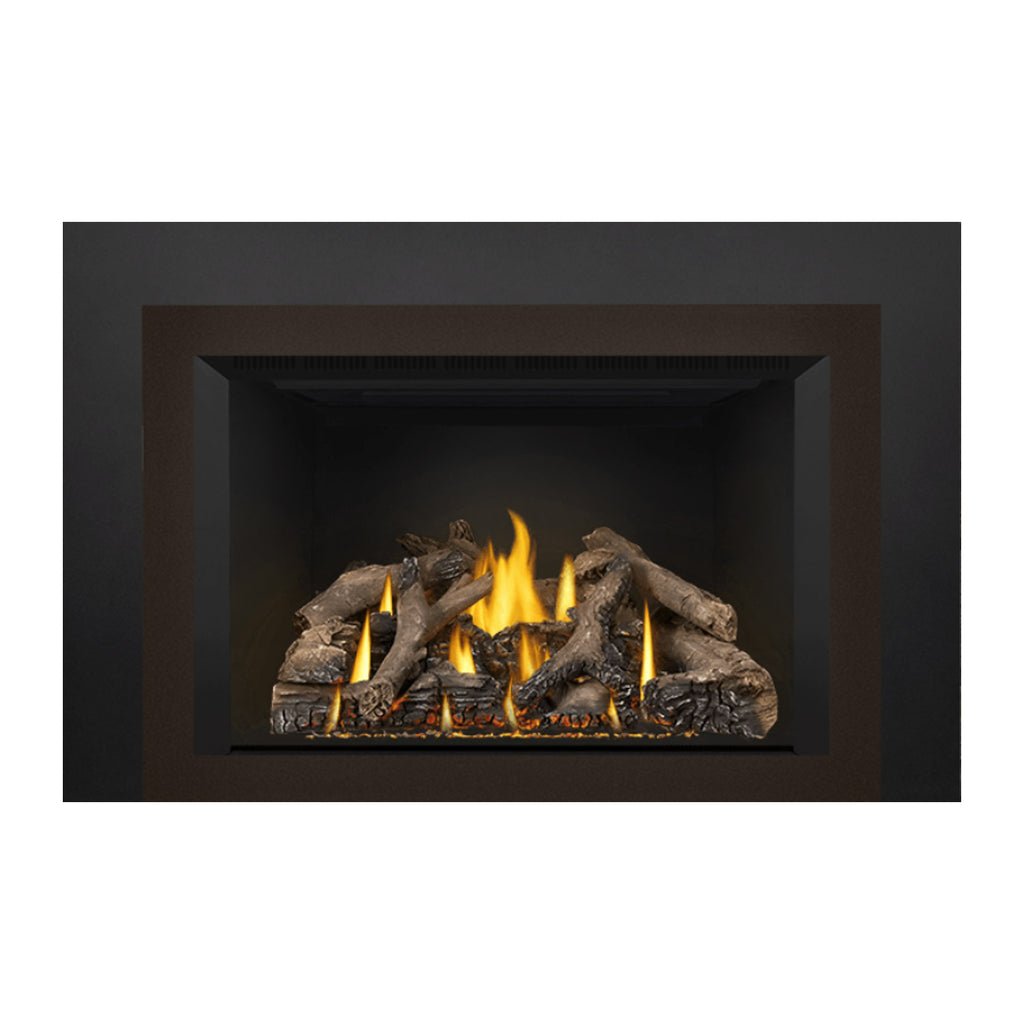 Black direct vent gas fireplace insert with burning logs behind glass opening