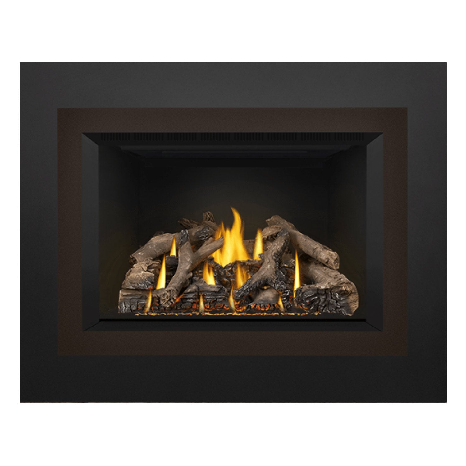 Black fireplace insert with flames over a dark log bed inside front frame