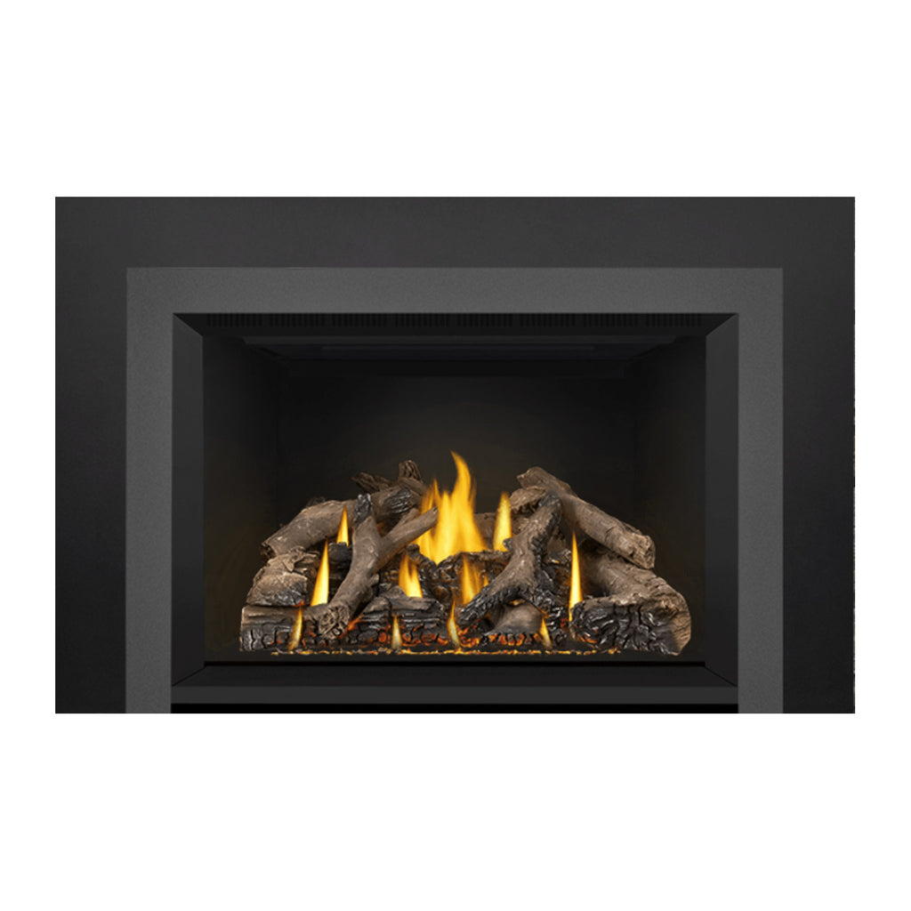Gas fireplace insert featuring burning logs and flames inside a dark firebox opening.
