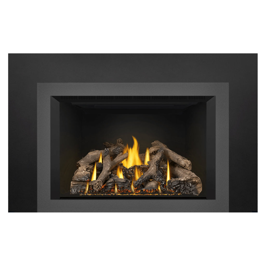 Black fireplace insert with burning logs and bright yellow flames in opening
