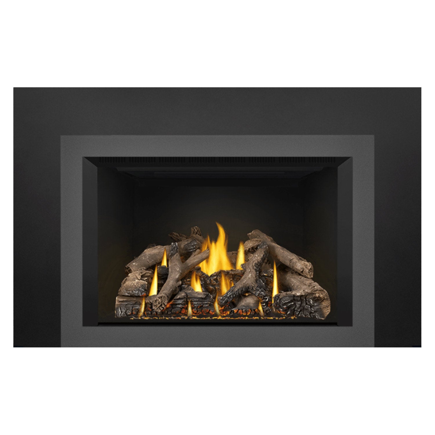 Black fireplace insert with burning logs and bright yellow flames in opening