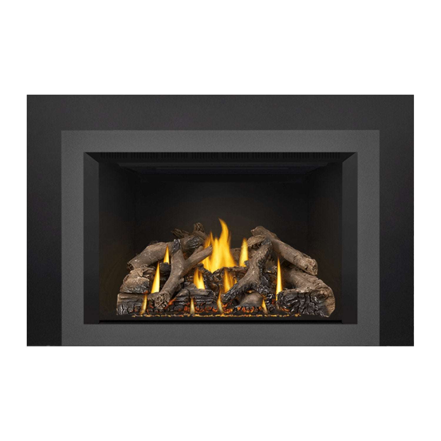 Black fireplace insert front opening with flames over dark, textured logs