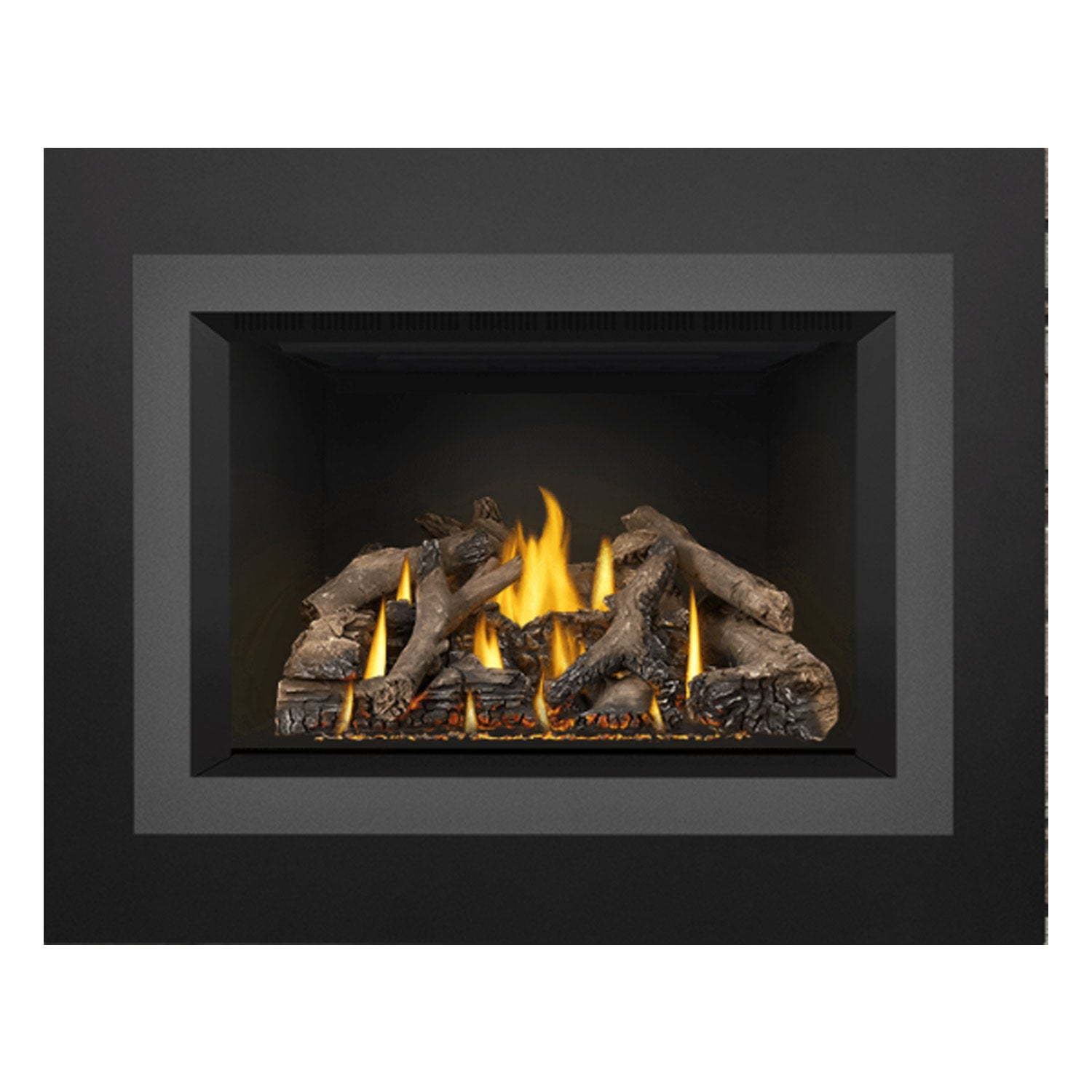Black fireplace insert front frame showing burning logs with yellow-orange flames