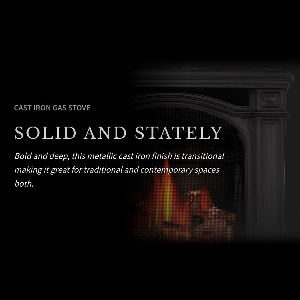 Cast-iron gas stove with ornate surround and lit fire behind glass