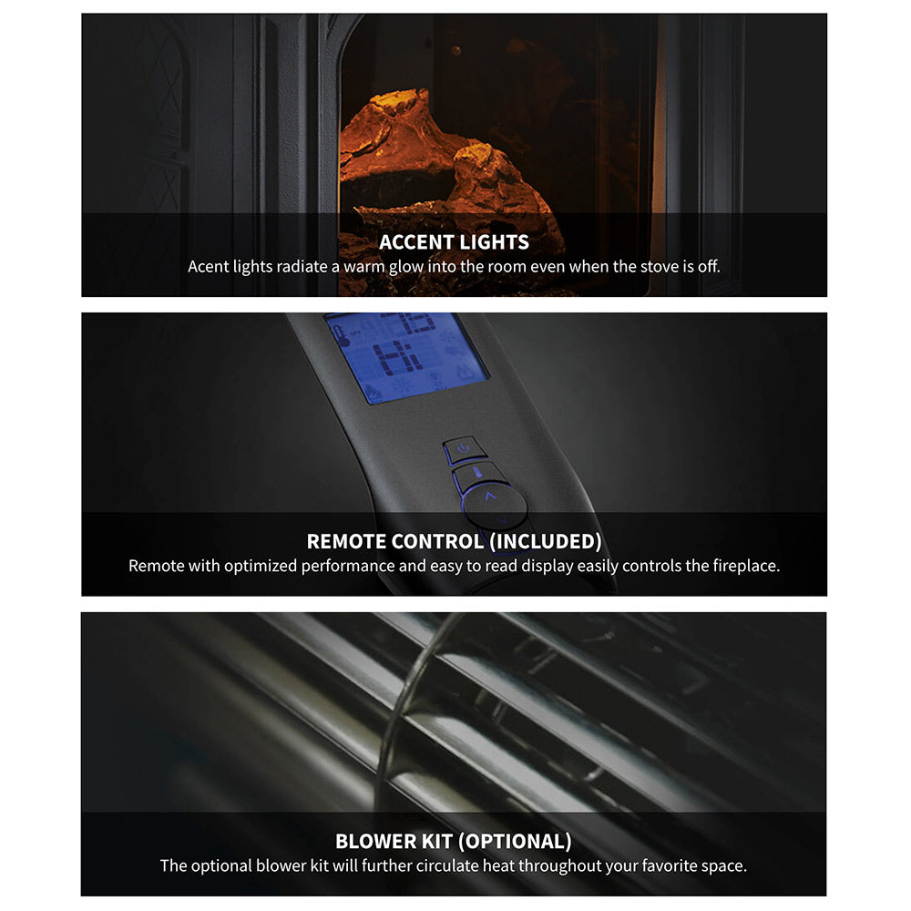 Gas stove accessories: accent lights, included remote control, optional blower kit