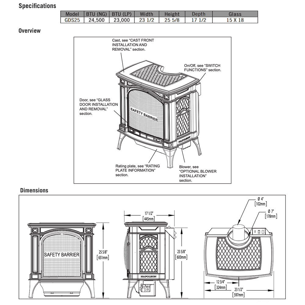 Line drawing of a cast-iron gas stove showing safety barrier and dimensions