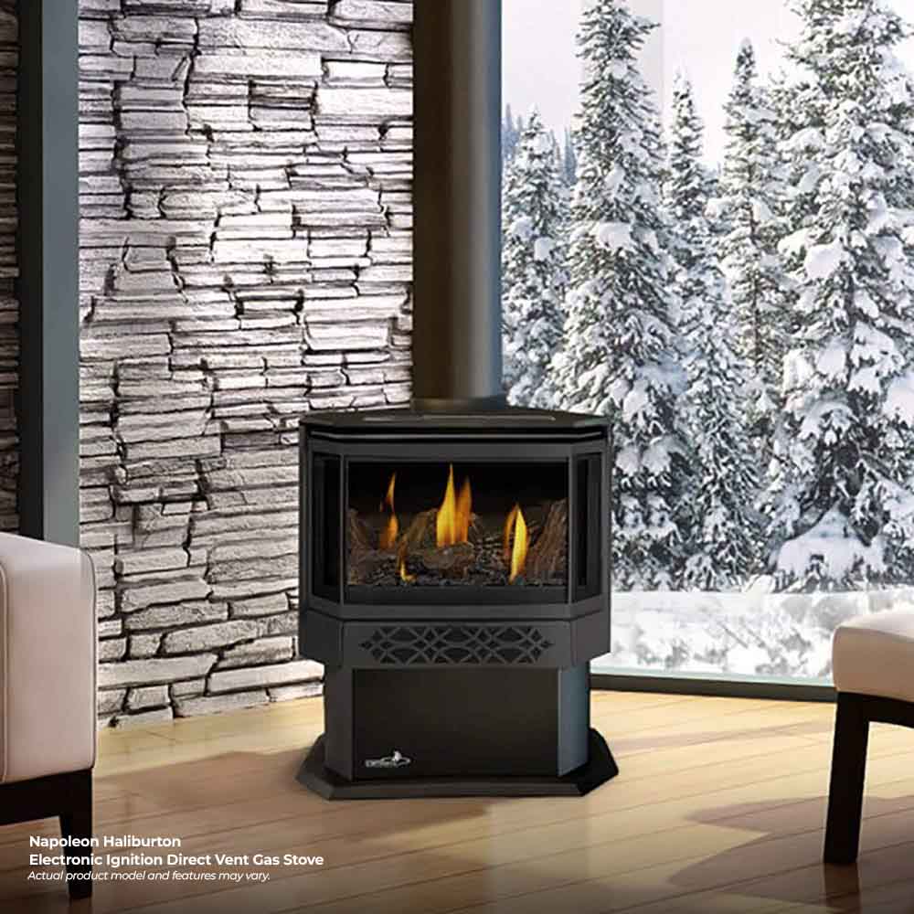 Freestanding direct vent gas stove with dark doors and visible flame inside