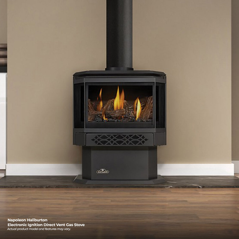 Direct vent gas stove with metallic black doors and glowing flame view