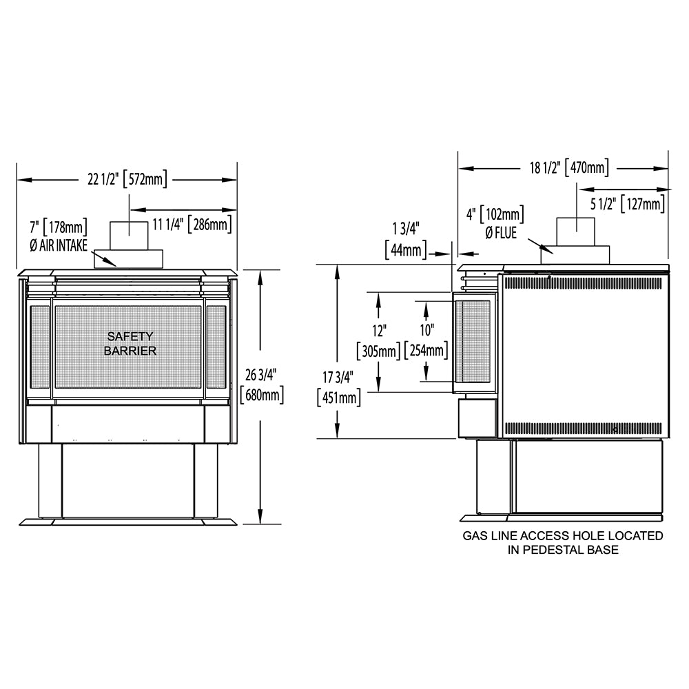 Direct vent gas stove dimension diagram with labeled measurements