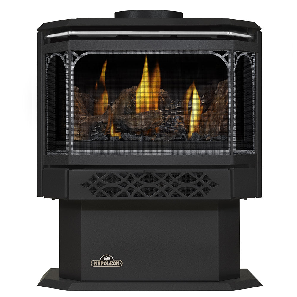 Black direct vent gas stove front with Napoleon badge and glowing flames behind glass