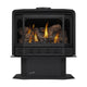 Black glass-front gas stove on pedestal, flames glowing over the log set.