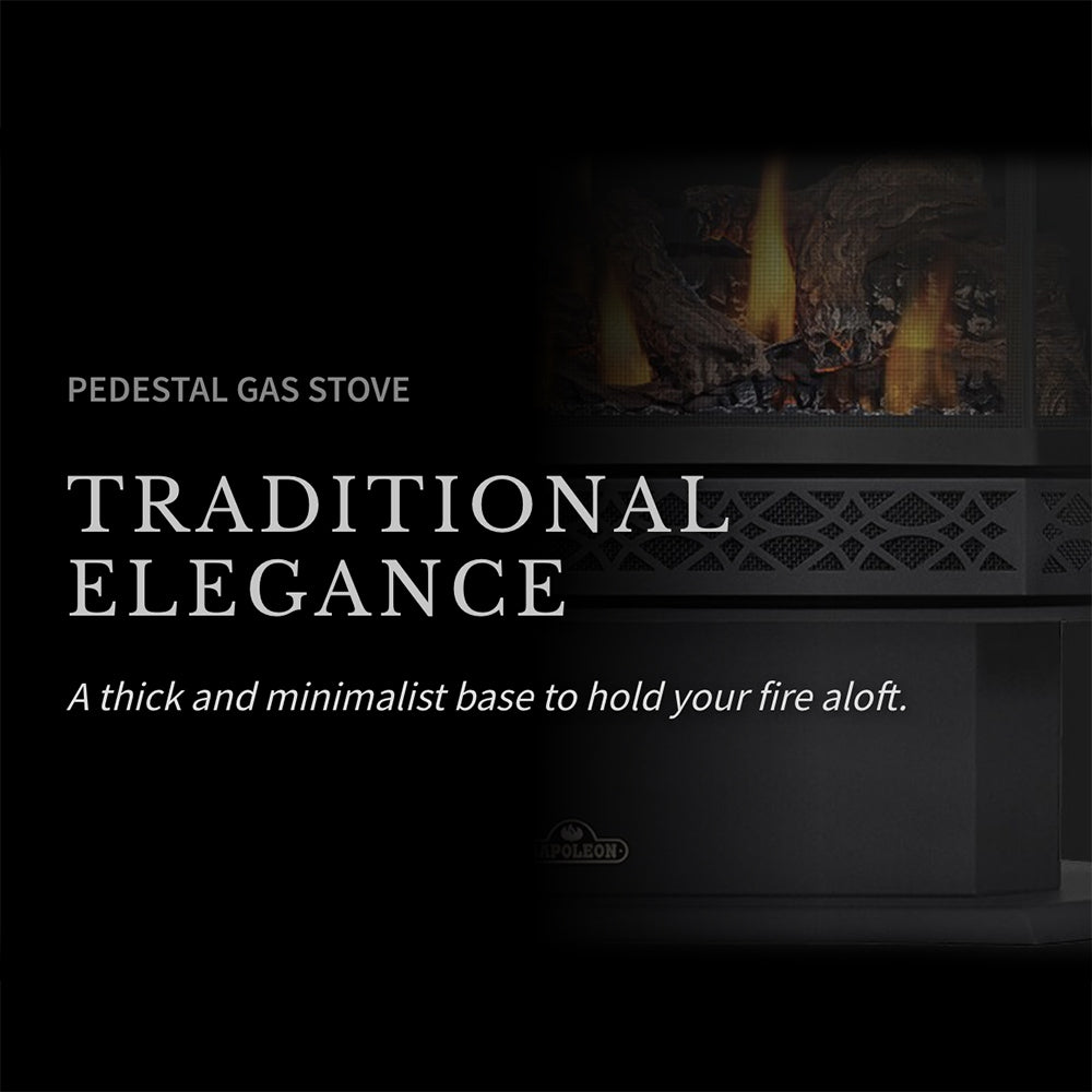 Pedestal gas stove with glass front showing burning logs; dark metal base.