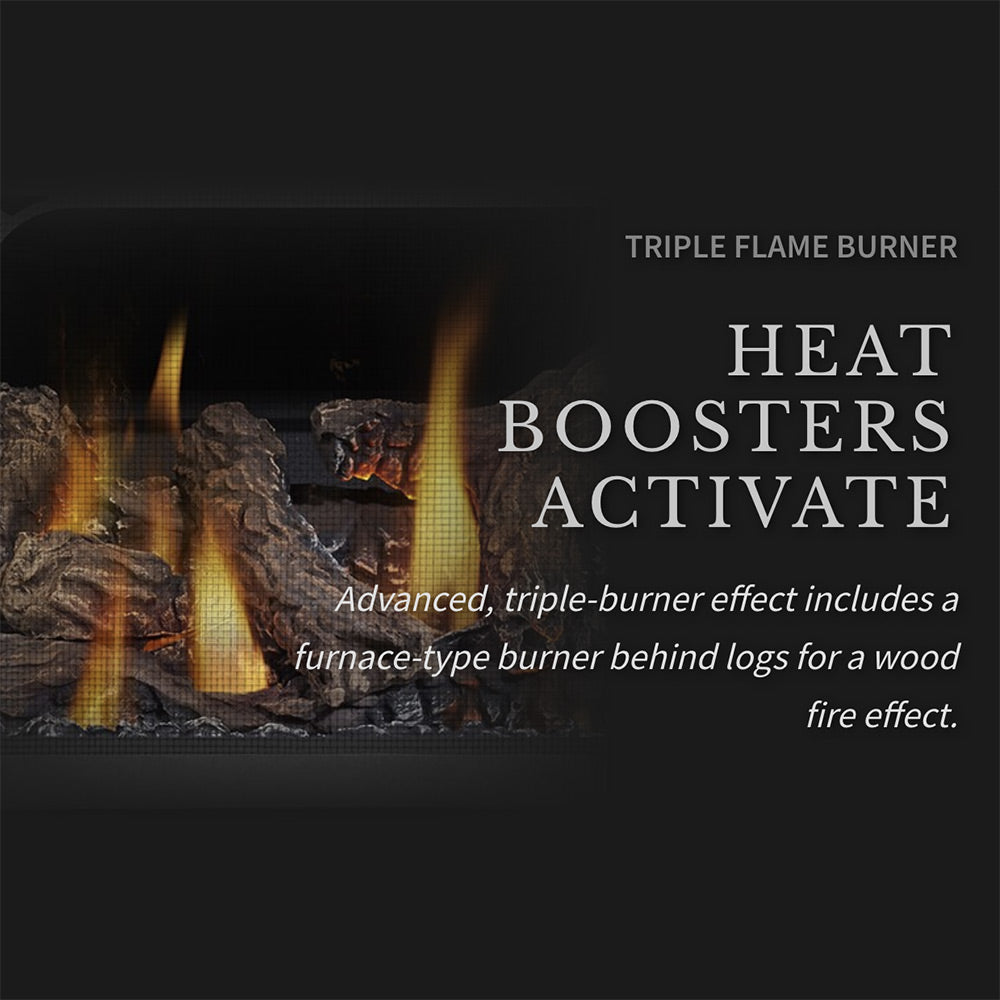 Gas stove with triple-flame burner effect, flames rising around the log set.