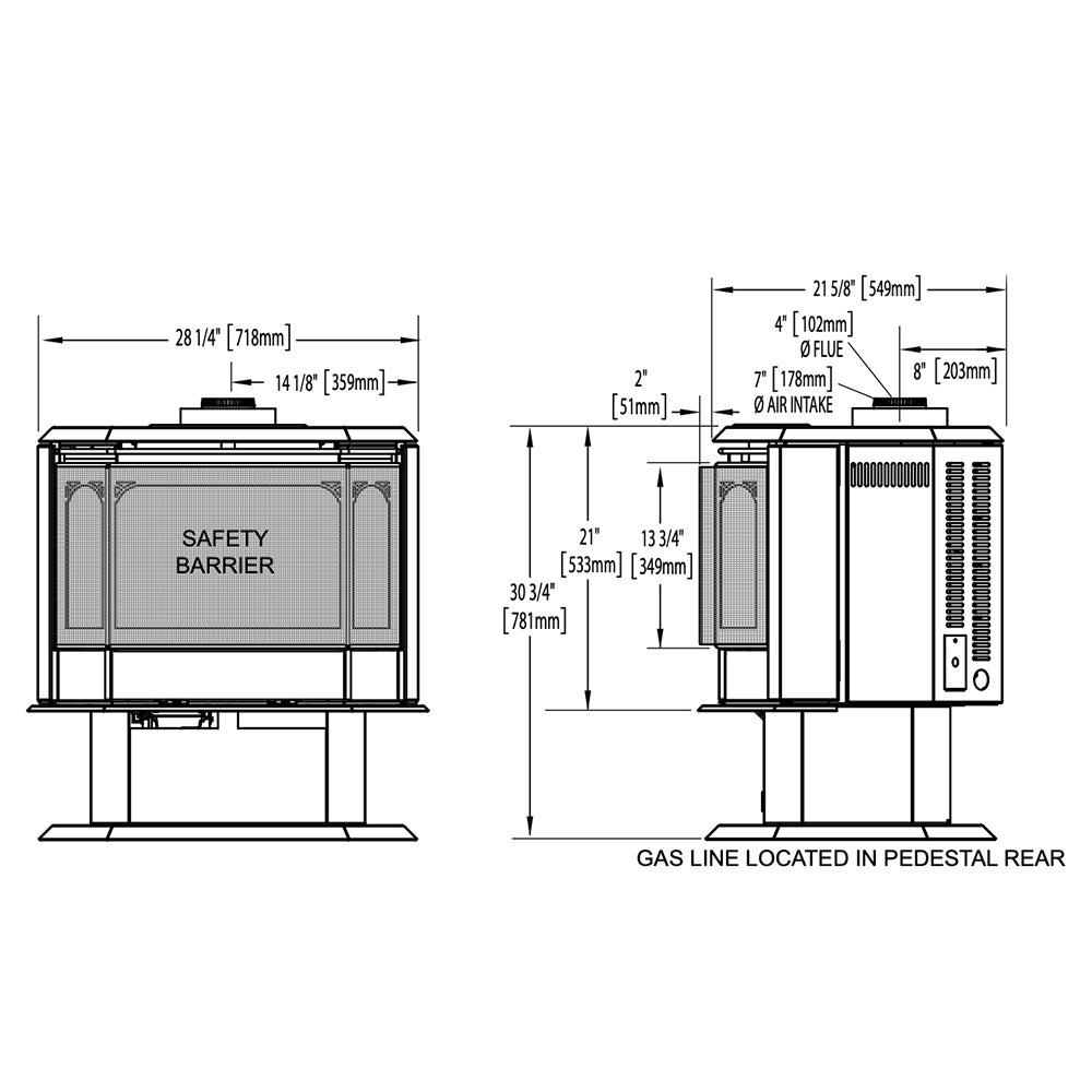 Technical line drawing of a pedestal gas stove showing safety barrier and side profile.