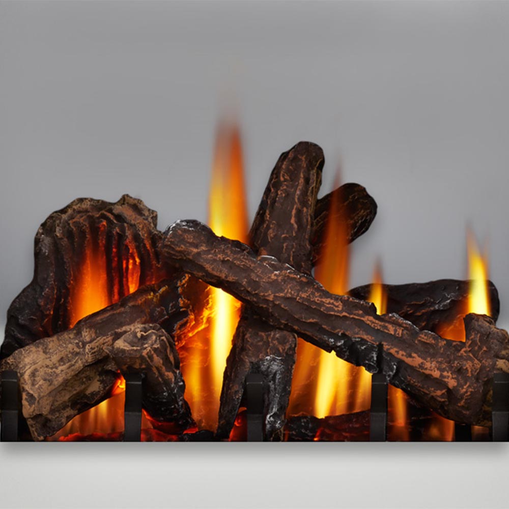 Burning logs inside black cast iron gas stove firebox