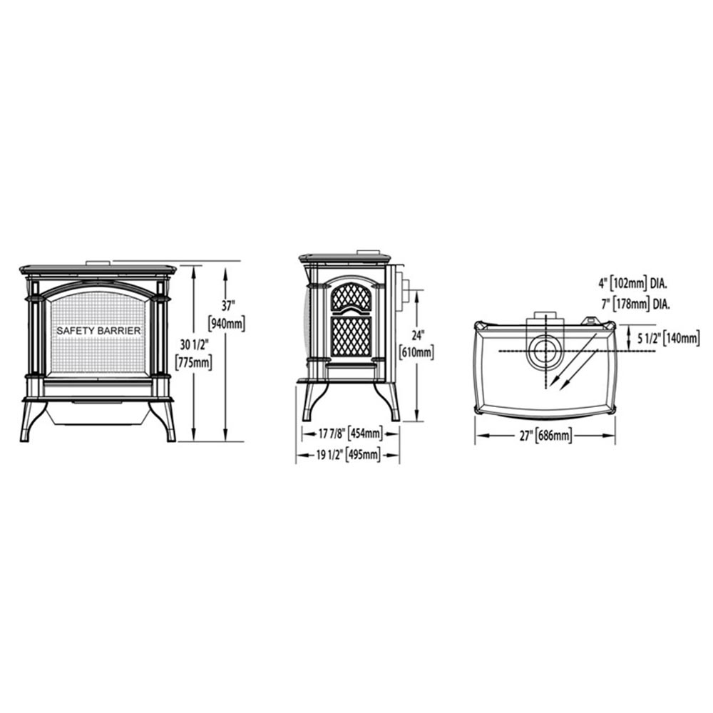Cast iron gas stove dimension diagram with safety barrier and vent opening