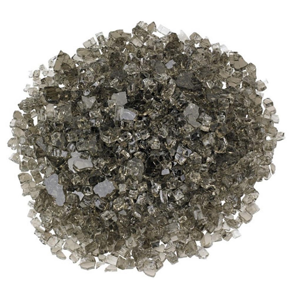 Bronze fire glass pieces, crushed silver-gray and dark reflective stones in a pile