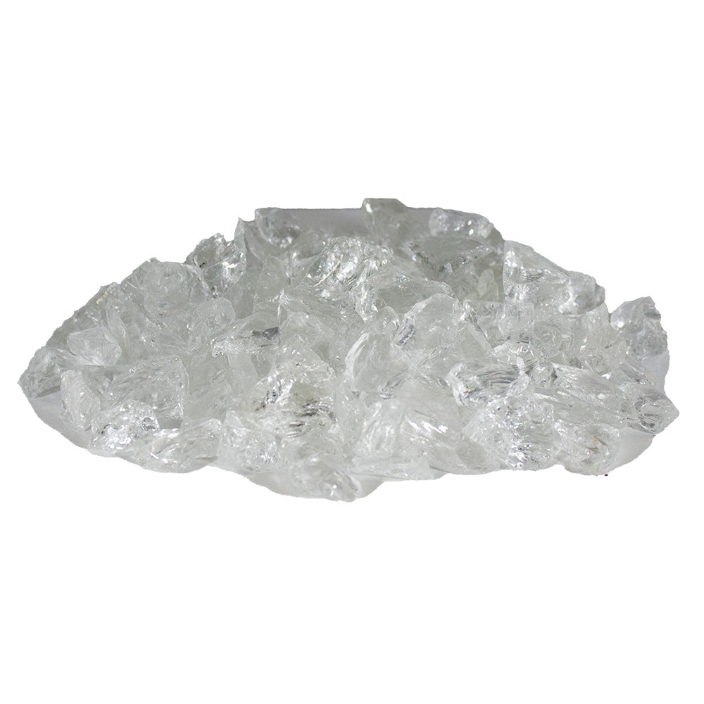 Crystal broken fireglass pieces, 1/2–3/4 inch, clear