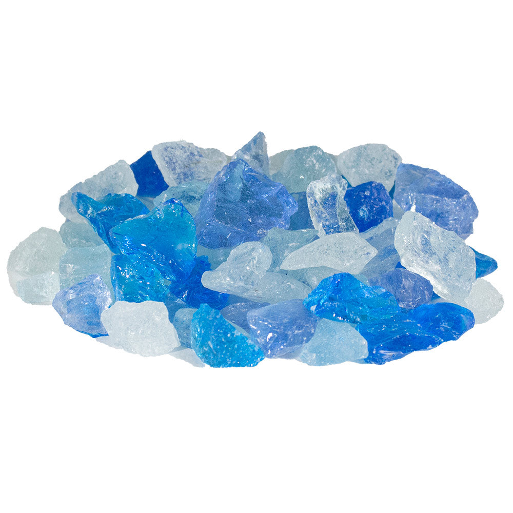 Broken light blue and dark blue fireglass chunks, 1/2–3/4 inch pieces