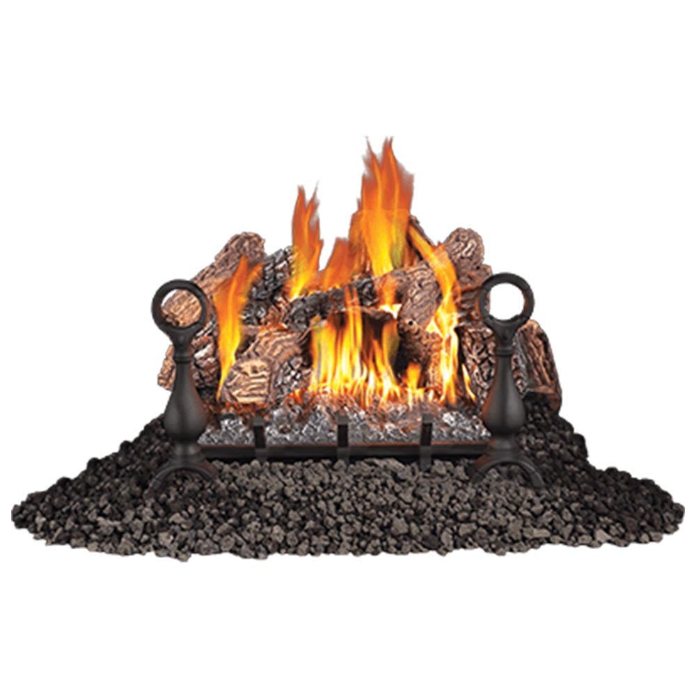 Vented gas log set with burning flames, faux wood logs, and black burner posts