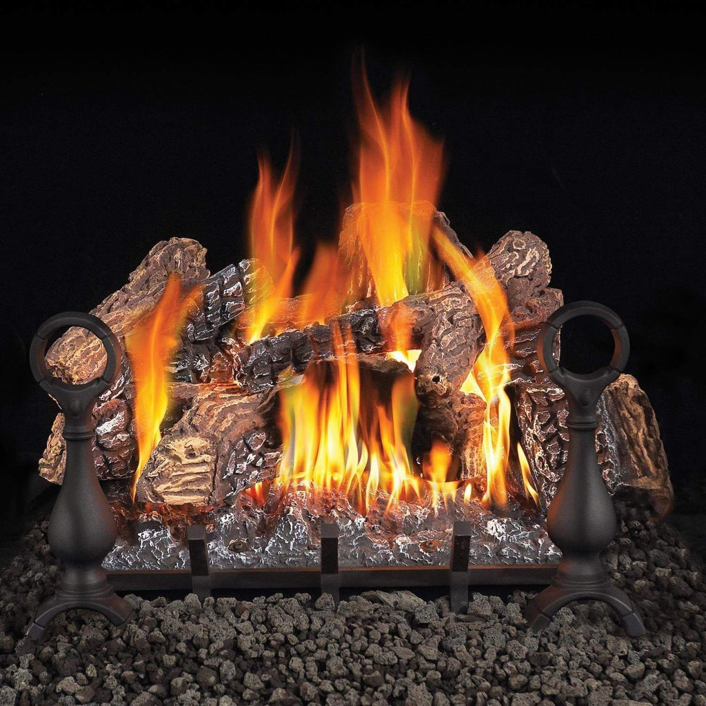 Vented gas log set with glowing flames, faux logs, and black burner bases