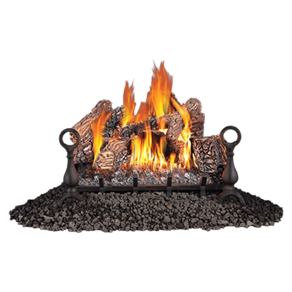 Vented gas log set with burning logs and glowing embers in a black grate