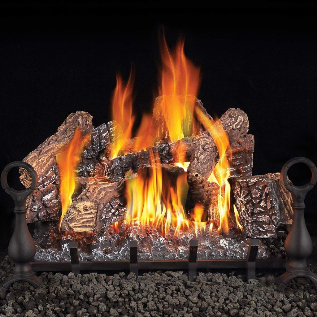Vented gas log set with tall flames, dark logs, and black grate tools