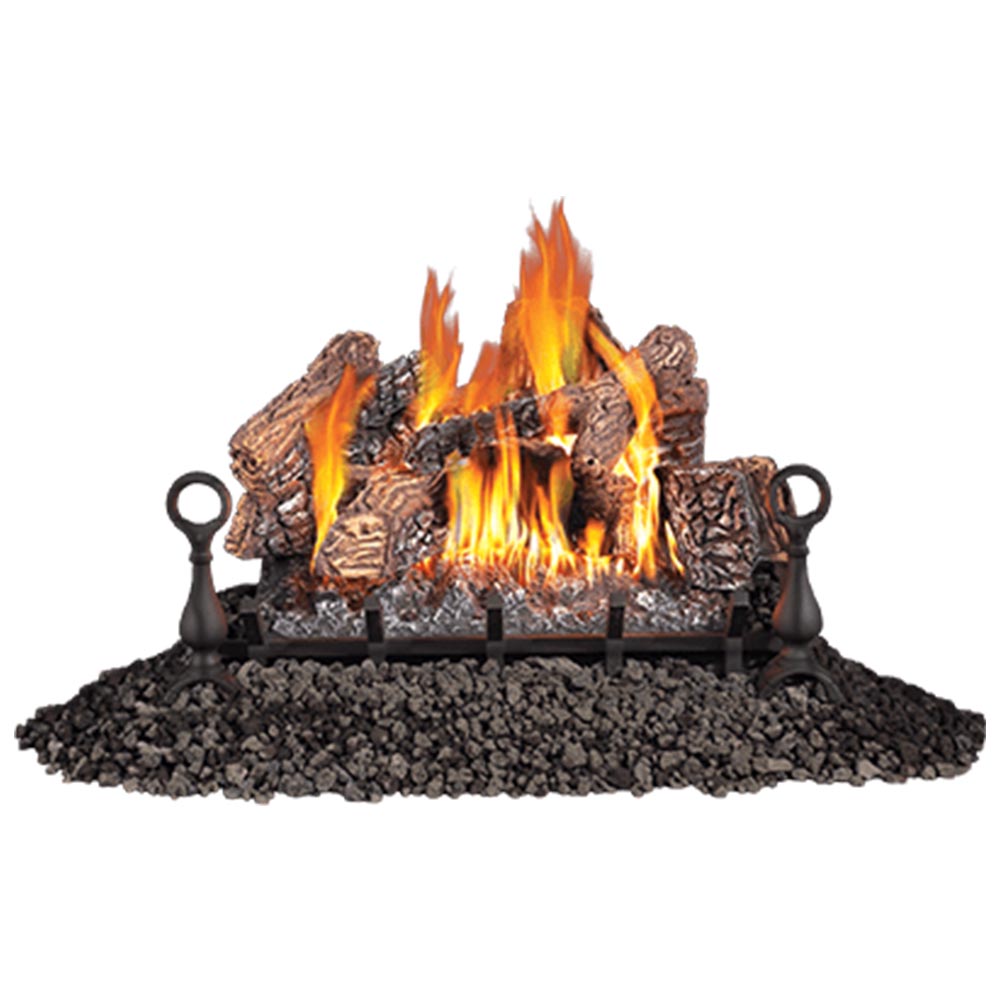 Vented gas log set with burning flames, charred logs, and dark rock base