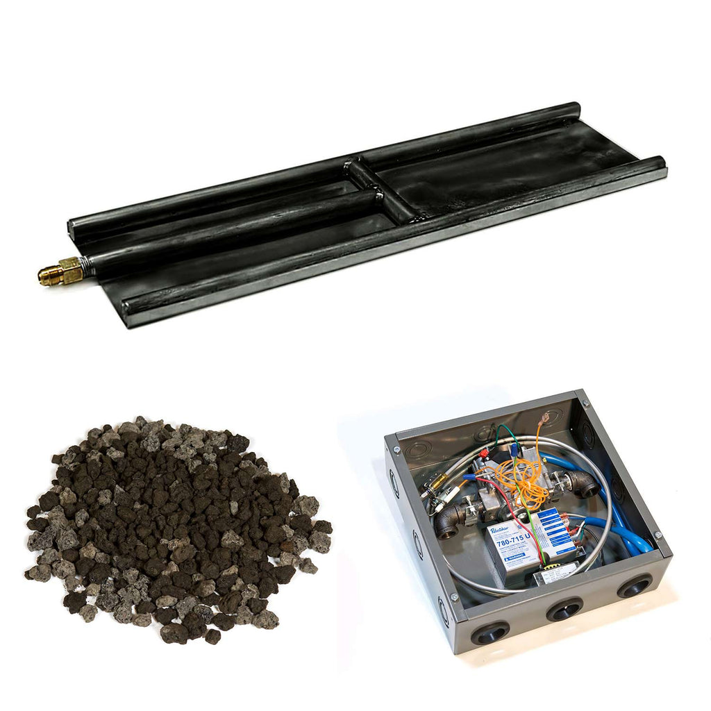 Indoor glass burner kit with black base, lava granules media and open electronic unit